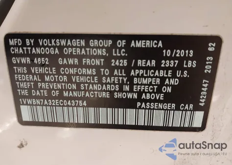 2014 Volkswagen Passat 2.0L Tdi Se из США, поврежденный, VIN 1VWBN7A32EC043754